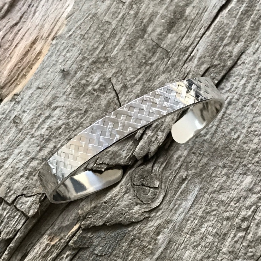 Shiny Sterling Silver Plaid Tartan Open Cuff Bangle Handmade 9.5mm Wide
